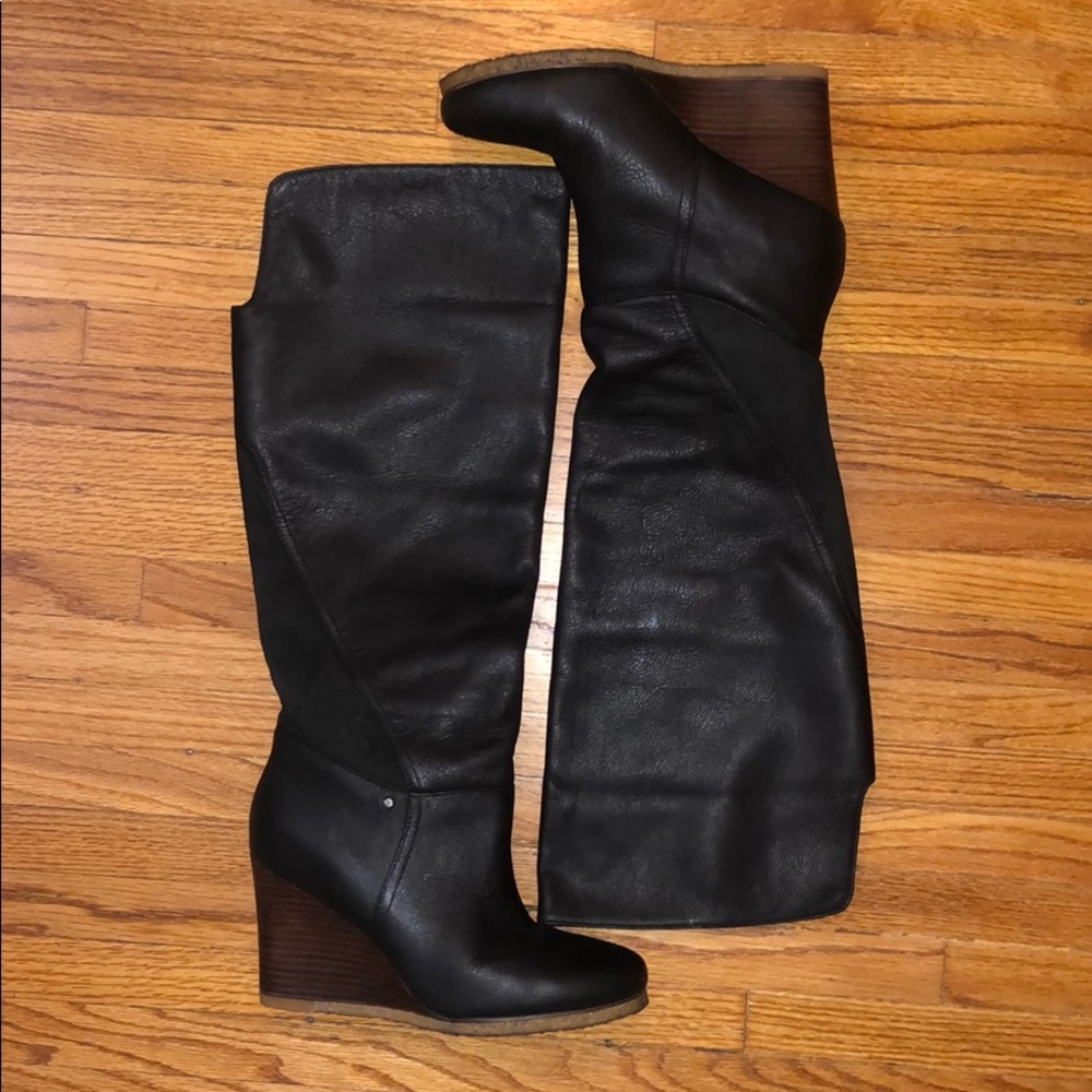 UGG Black Leather Wedge Boots
